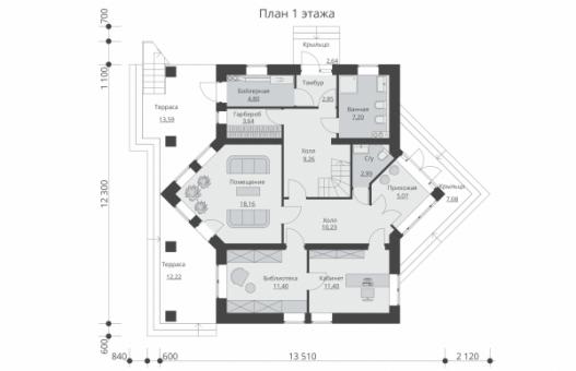 Одноэтажный жилой дом с мансардой и террасой